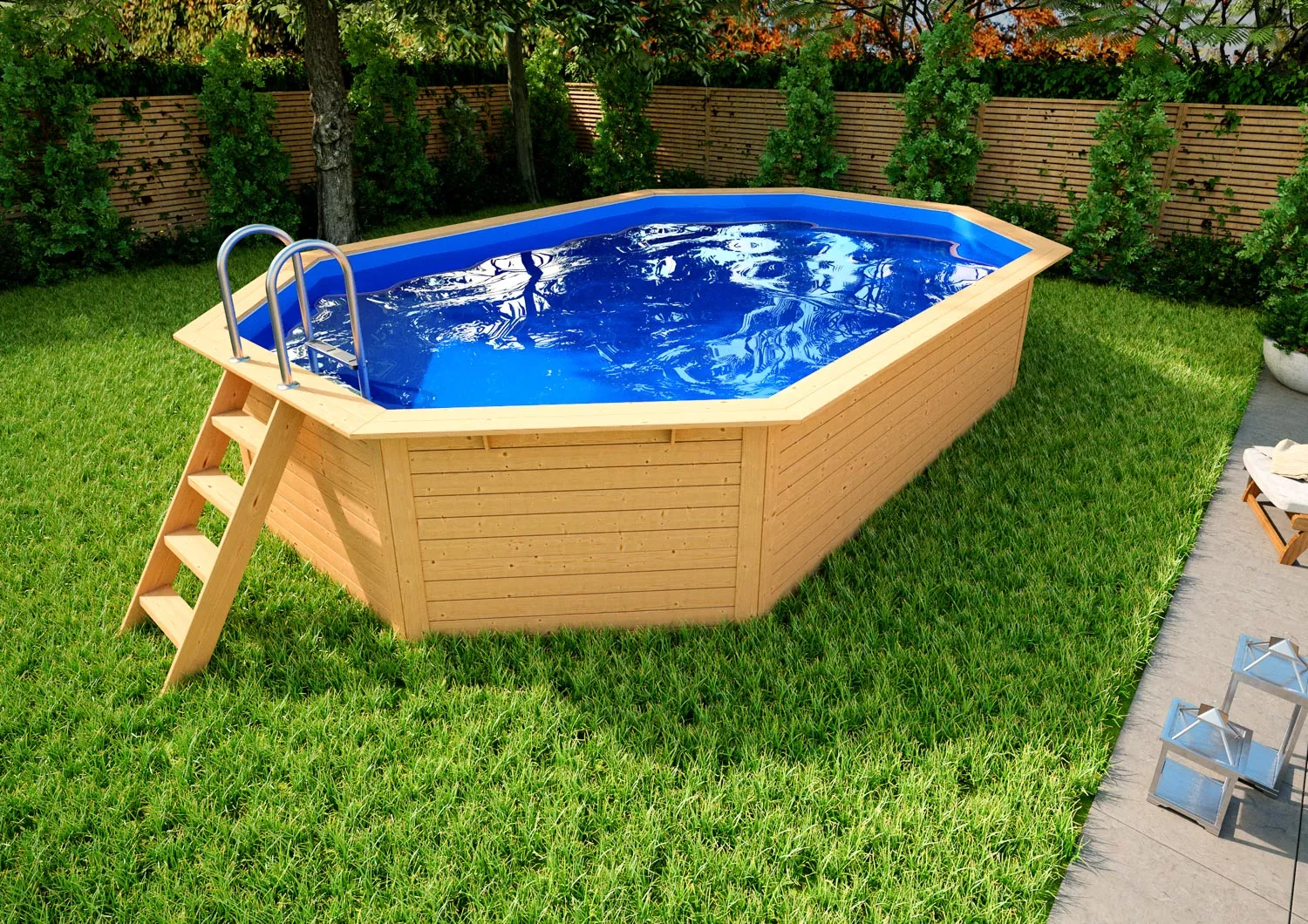 Holzpool-Einzelbecken_Oval-Lang-Blau-Natur-001 Holzpool Oval Natur/ Blau - 610 x 400 x 124 cm