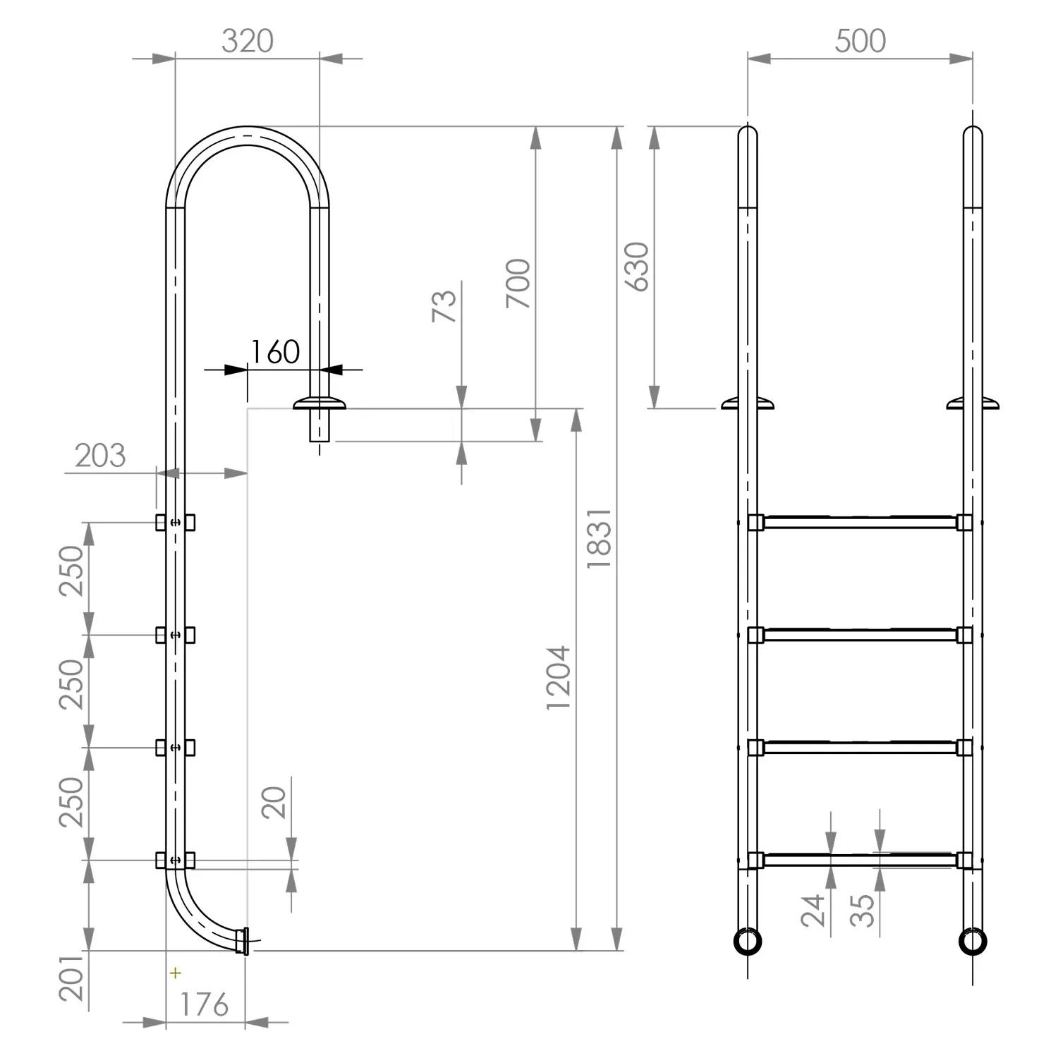 ideal-poolleiter-edelstahl-4-stufig-enger-holm-masszeichnung Ideal Poolleiter Edelstahl 4-stufig enger Holm