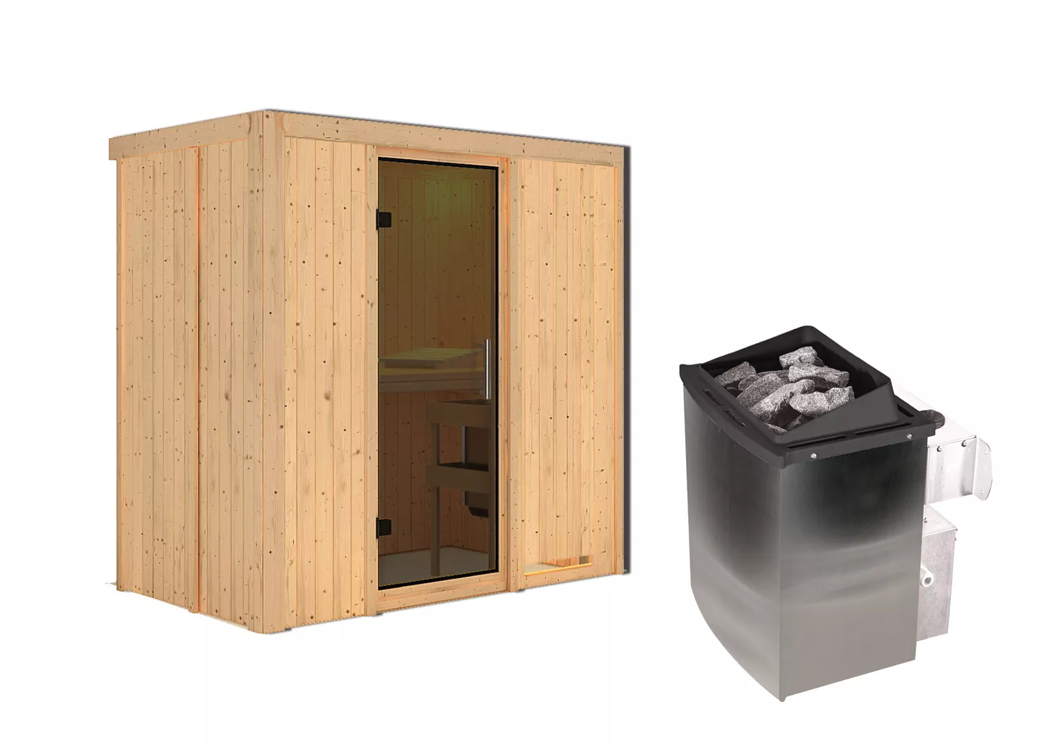 Karibu Classic Variado Systemsauna mit 9 kW Bio-Kombi Saunaofen und Graphit Ganzglastür