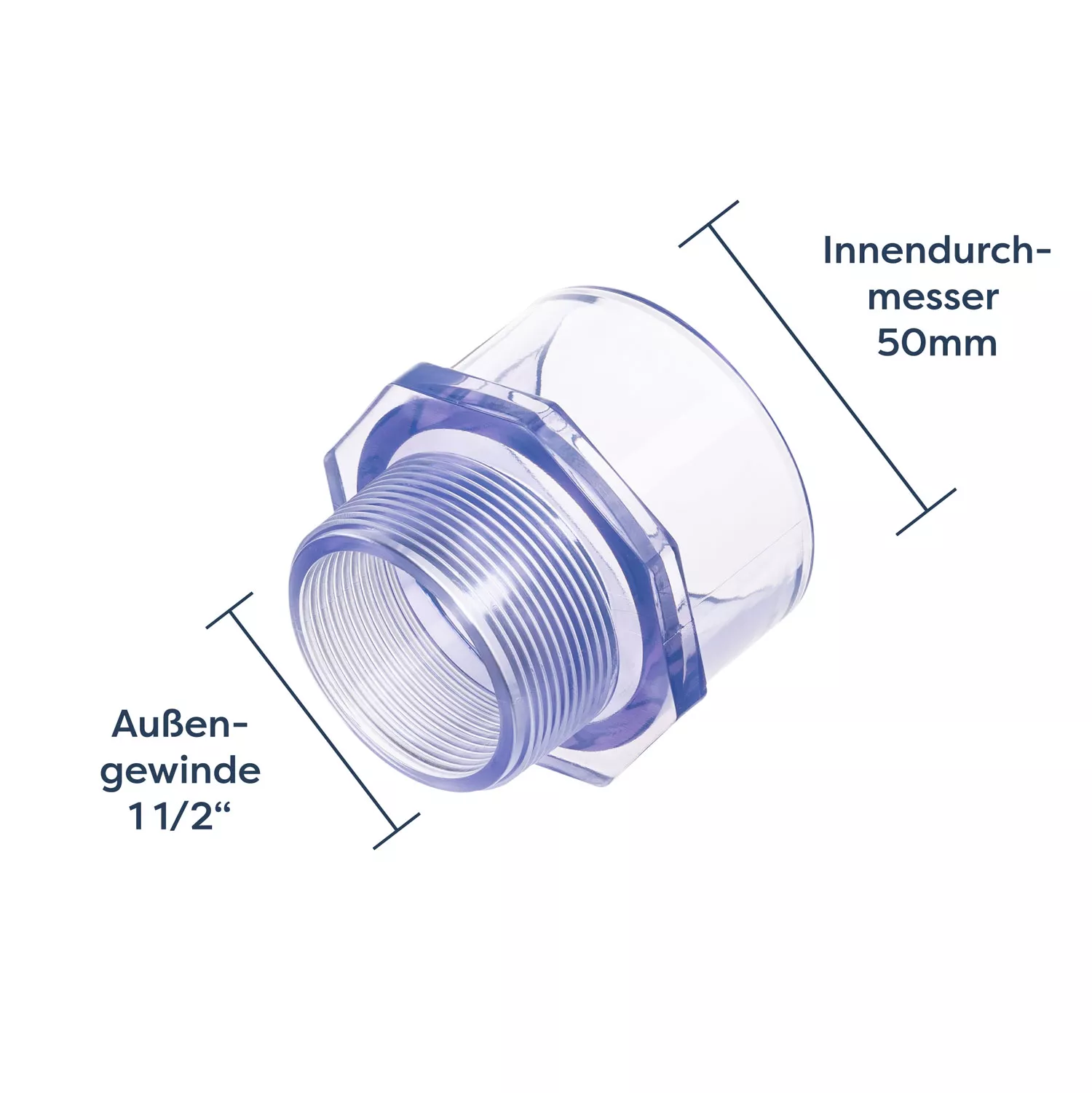 PVC-Reduktionsnippel-transparent-50 PVC Reduktionsnippel transparent - d 50 x 1 1/2 Zoll IG