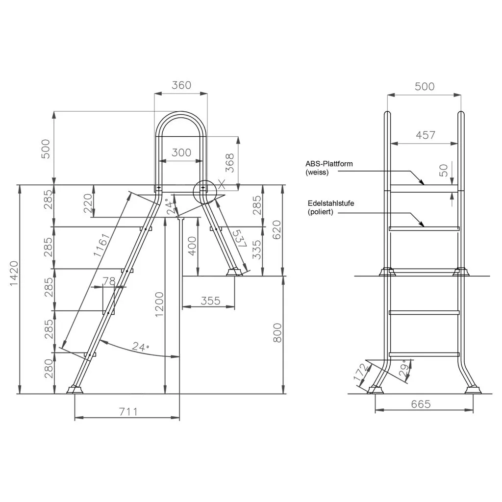 Ideal Edelstahl Poolleiter für teileingelassene Becken - 4-stufig