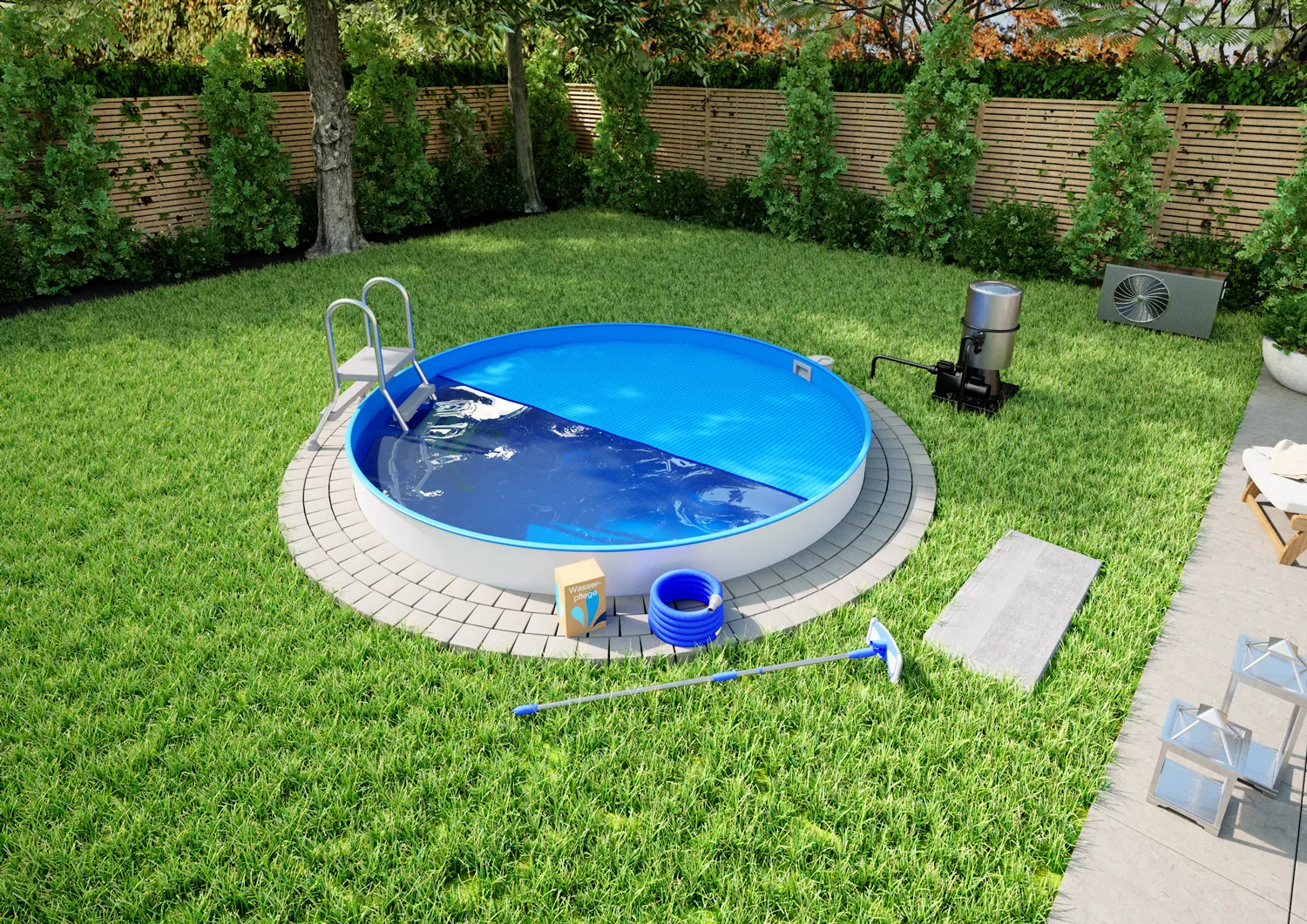 Stahlwandpool Komplettset Premium Rund Blau 0,8mm - D 4,50m, Tiefe 1,35m, Teileingelassen