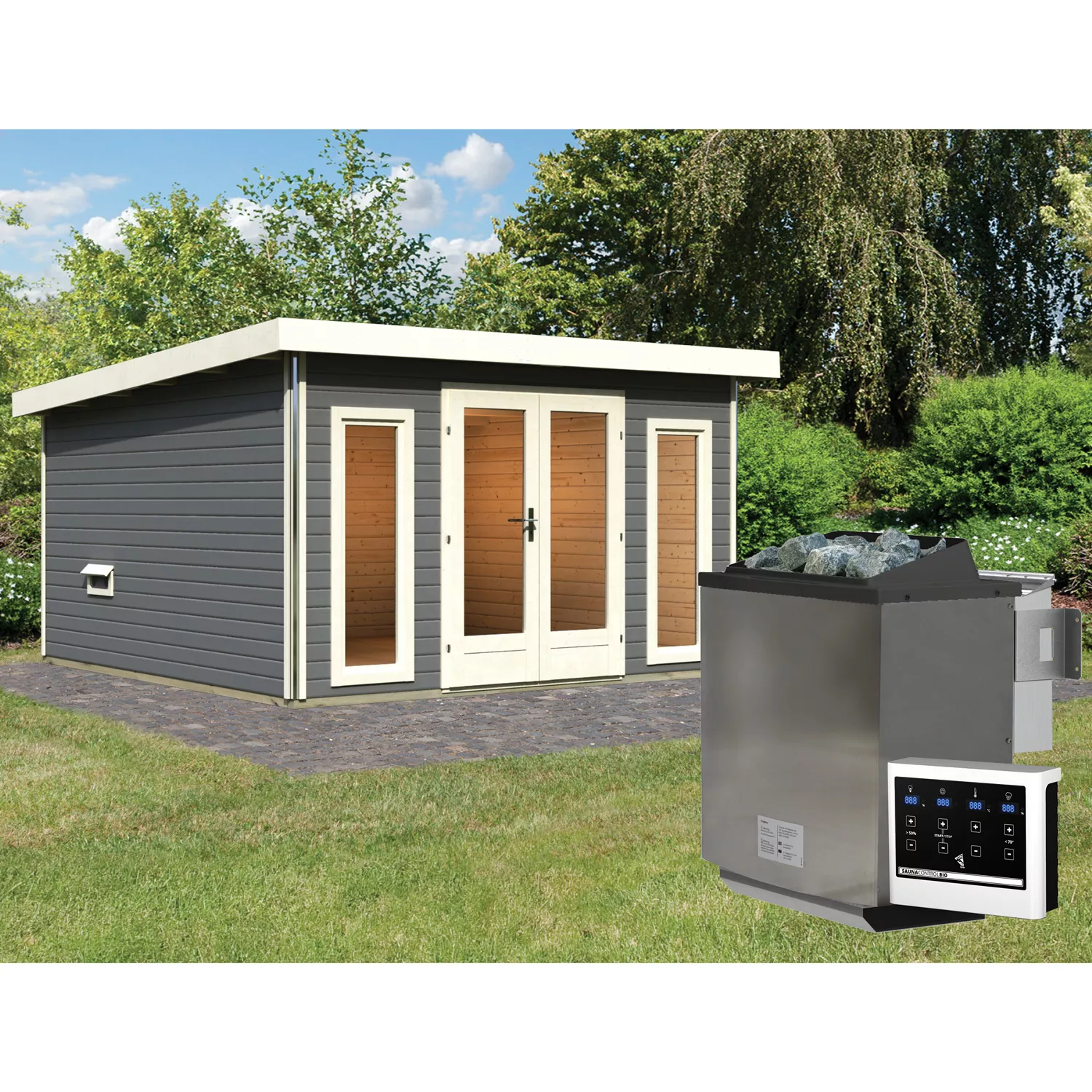 karibu_comfort_mainburg_bio_aussensauna_terragrau_0 Karibu Comfort Mainburg Bio Außensauna terragrau