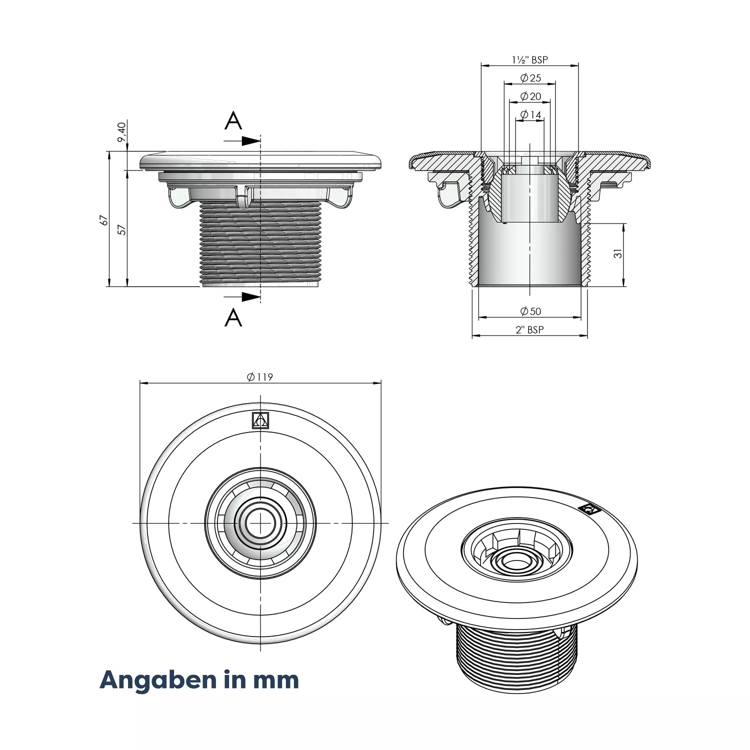 astral-abs-einlaufduese-multiflow-weiss-fertigbecken-technische-zeichnung Astral ABS Einlaufdüse Multiflow weiß Fertigbecken