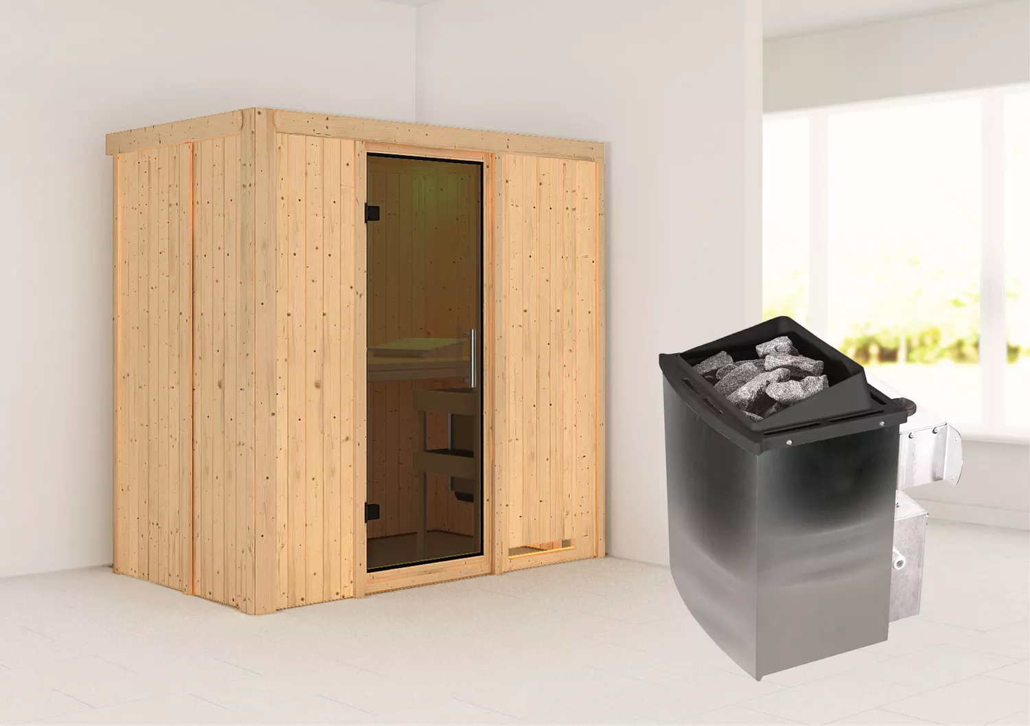 Karibu Classic Variado Systemsauna mit 9 kW Bio-Kombi Saunaofen und Graphit Ganzglastür