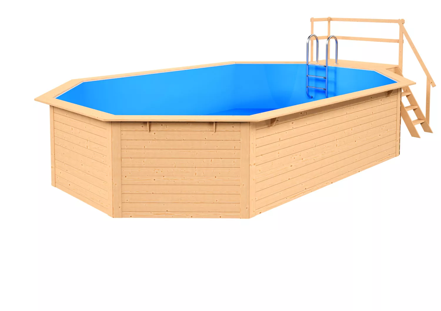 Holzpool Oval Natur/ Blau mit stirnseitiger Terrasse - 610 x 400 cm