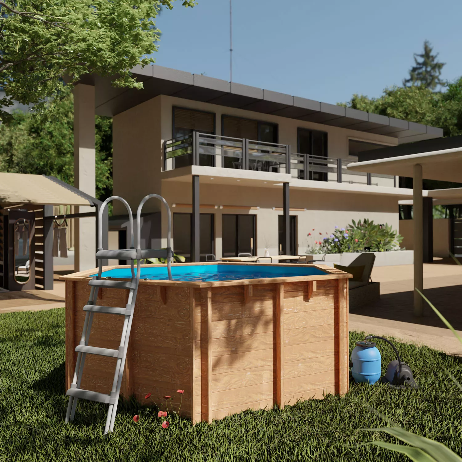 gre-lili2-holzpool-komplettset-rund-garten Gre Lili 2 Holzpool Komplettset Rund Blau - D 2,80 m, Tiefe 1,07 m