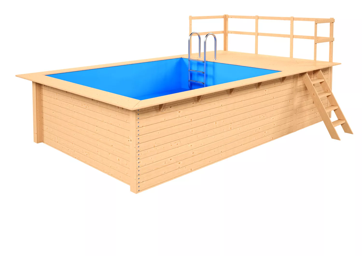 Holzpool-Einzelbecken-Rechteckpool-Blau-SonnenterrasseNatur001--001 Holzpool Rechteckig mit stirnseitiger Terrasse Natur/ Blau - 320 x 350 cm