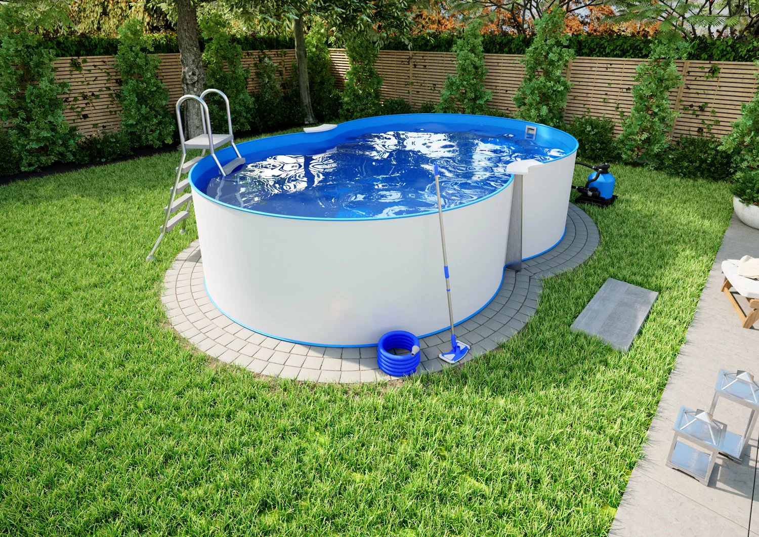 Stahlwandpool Komplettset Comfort Achtform Blau 0,8mm - 3,50m x 5,40m x 1,20m, Aufgestellt