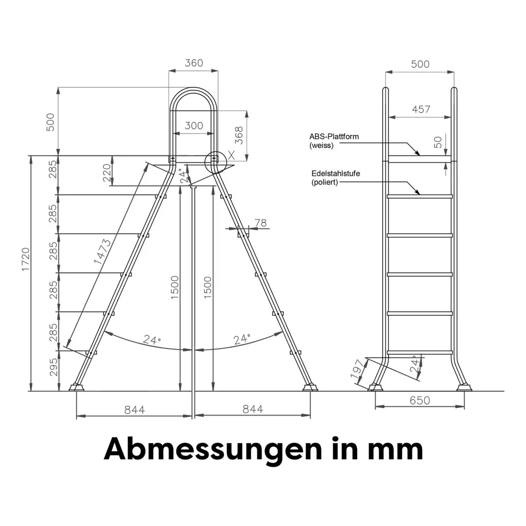 ideal-edelstahl-poolleiter-fuer-aufstellbecken-5-stufig-abmessungen Ideal Edelstahl Poolleiter für Aufstellbecken - 5-stufig