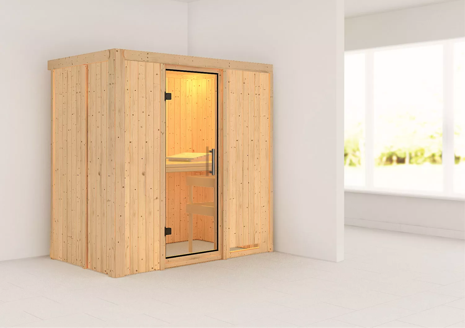 Karibu Classic Variado Systemsauna ohne Saunaofen und klarer Ganzglastür