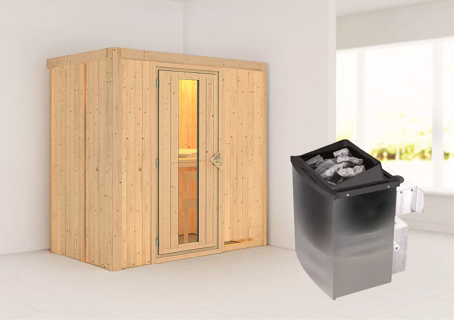 Karibu Classic Variado Systemsauna mit 9 kW Saunaofen und Energiespartür