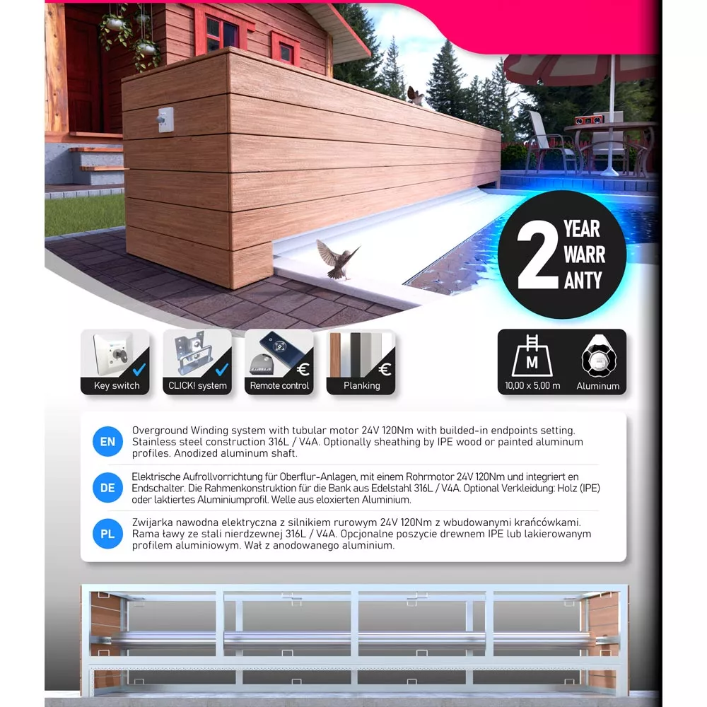 aufrollvorrichtung-oberflur-holz-umfang Poolpowershop Aufrollvorrichtung für Poolrolladen - 3,00 m Breite, Silbergrau Aluminium