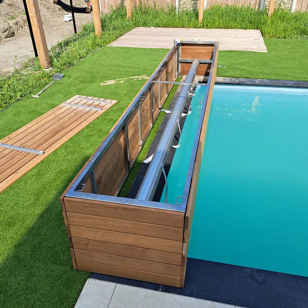 holz-box-seitlich-beispiel-offen Poolpowershop Aufrollvorrichtung für Poolrolladen - 3,00 m Breite, Silbergrau Aluminium