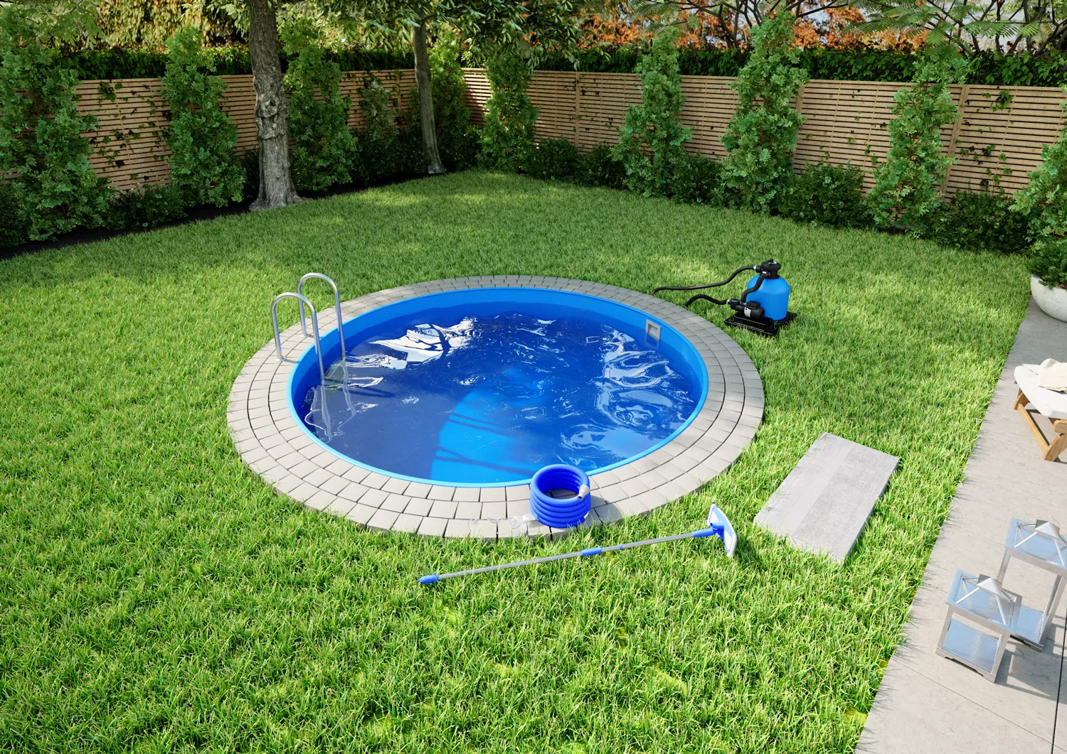 Stahlwandpool Komplettset Comfort Rund Blau 0,8mm - D 3,50m, Tiefe 1,50m, Teileingelassen