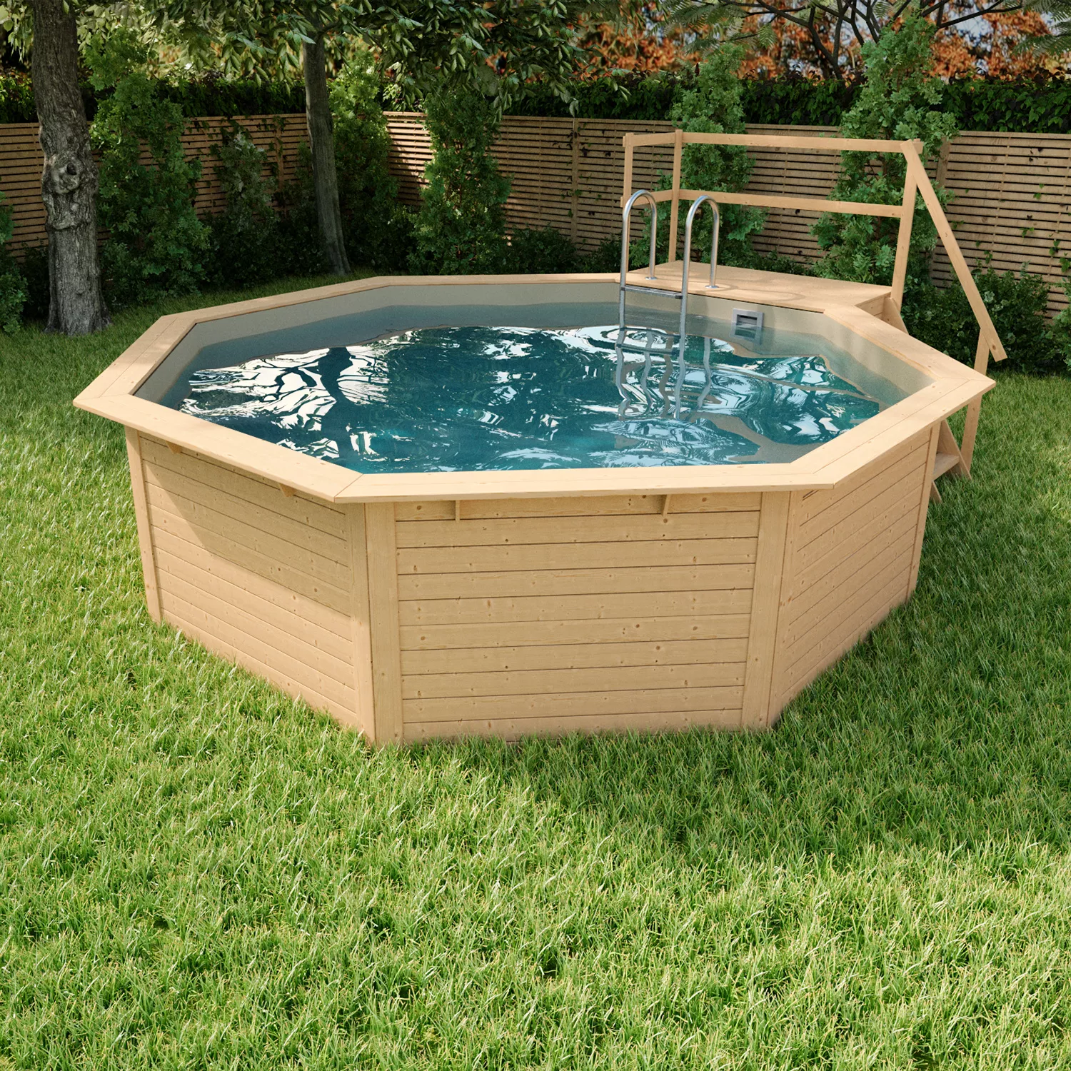 Holzpool Komplettset Rund klein sand mit stirnseitiger Terrasse