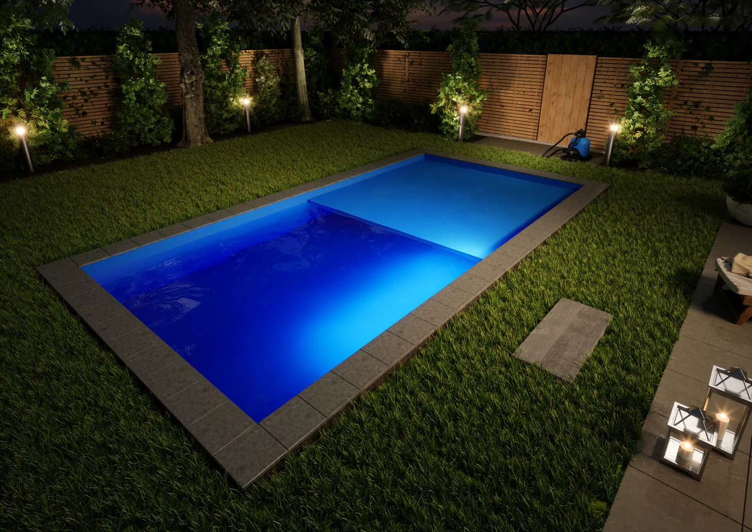 styroporpool-komplettset-comfort-blau-mit-ecktreppe-oblique-nacht Styroporpool Komplettset Comfort Blau mit Ecktreppe Oblique - 700 x 350 x 150 cm