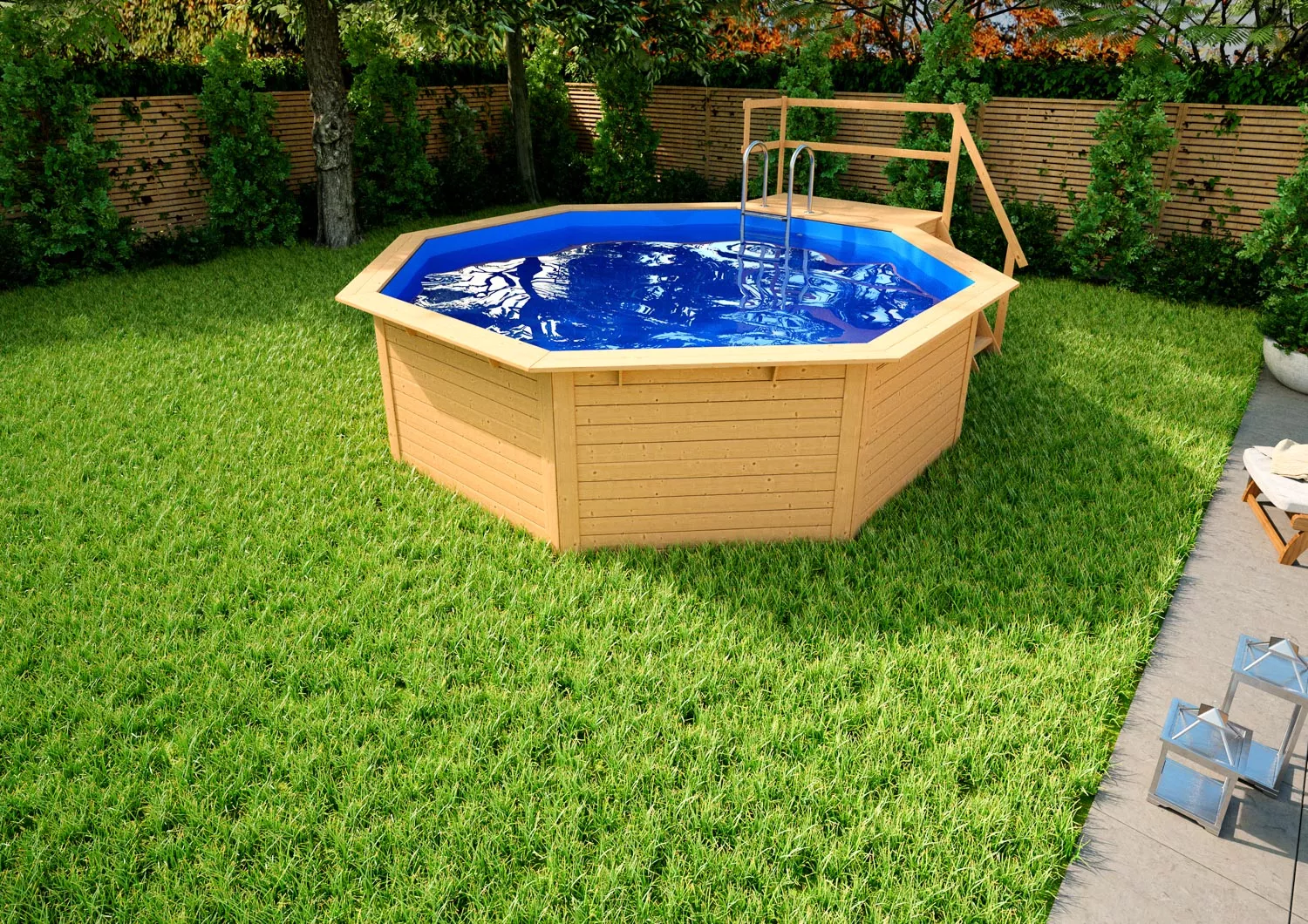Holzpool-Einzelbecken_Rund-Blau-Sonnendeck-Natur-001 Holzpool Rund mit stirnseitiger Terrasse Natur/ Blau - 400 x 400 cm