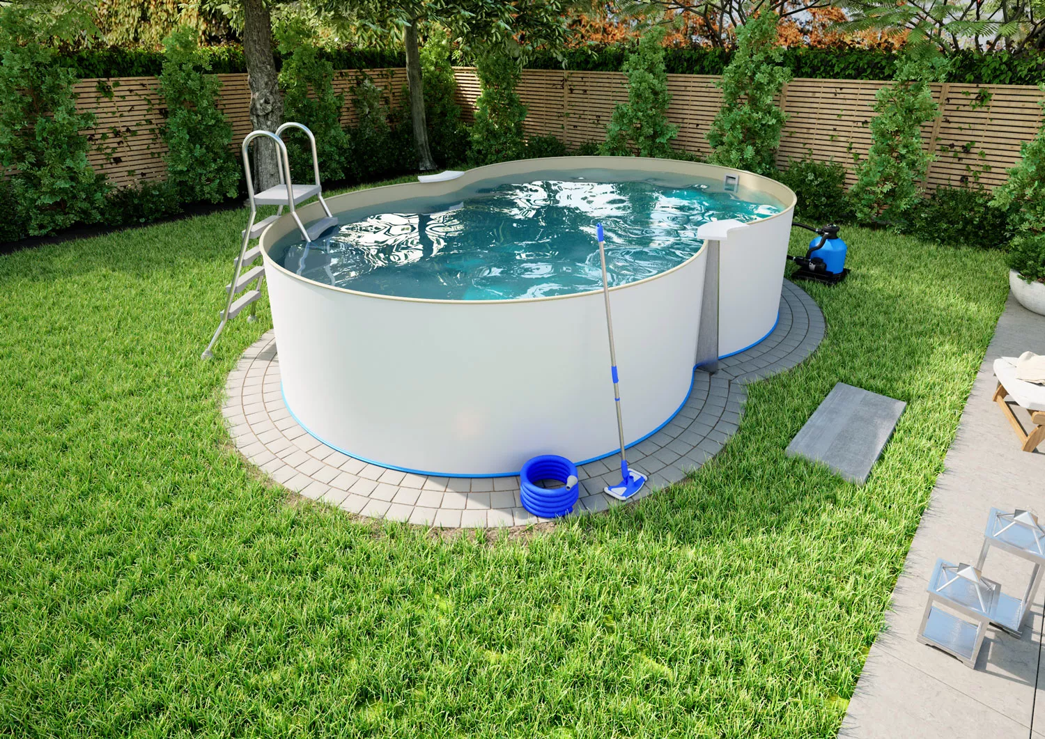 Stahlwandpool Komplettset Comfort Achtform Sand 0,8mm - 3,20m x 5,25m x 1,20m, Aufgestellt