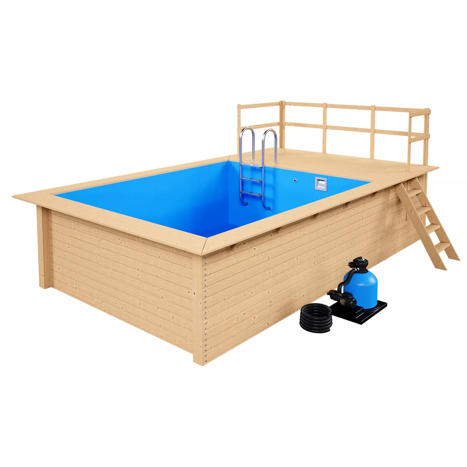 Holzpool Komplettset Rechteckig mittel mit stirnseitiger und seitlicher Terrasse