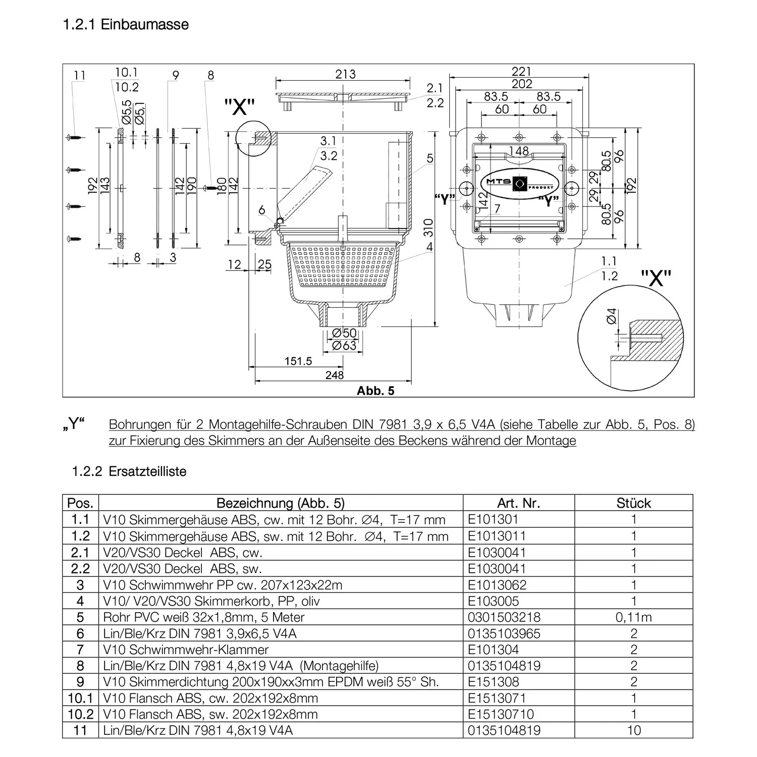 MTS Einbauskimmer V10 für Fertig- und Folienbecken 