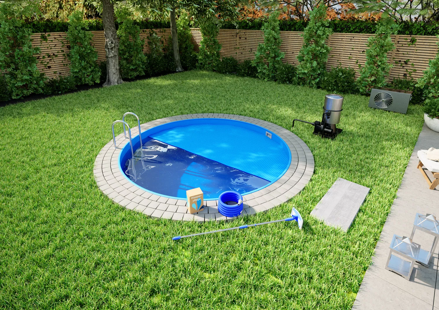 Umgebung-Runder-Pool-Eingelassen-Premium-Blau-HQ-004 Stahlwandpool Komplettset Premium Rund Blau 0,8mm - D 3m, Tiefe 1,20m, Eingelassen