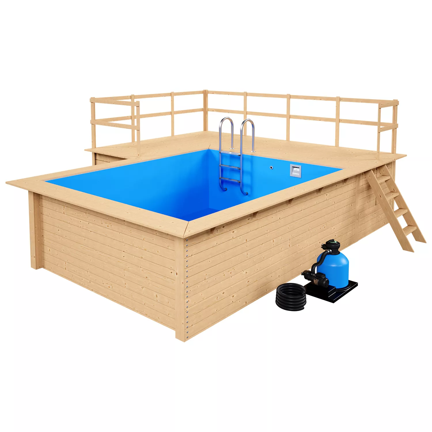 Holzpool Komplettset Rechteckig klein mit stirnseitiger und seitlicher Terrasse