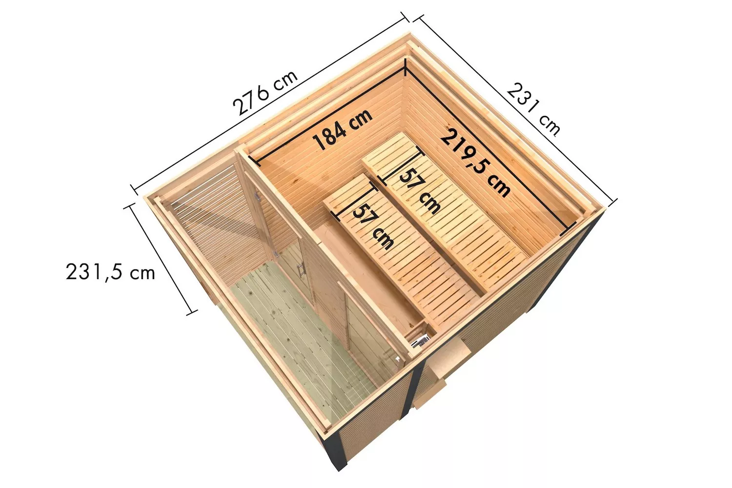 Karibu Saunahaus Taija 2 mit Anbaudach naturbelassen/ anthrazit mit 9 kW Bio-Kombi-Saunaofen und ext. Steuerung