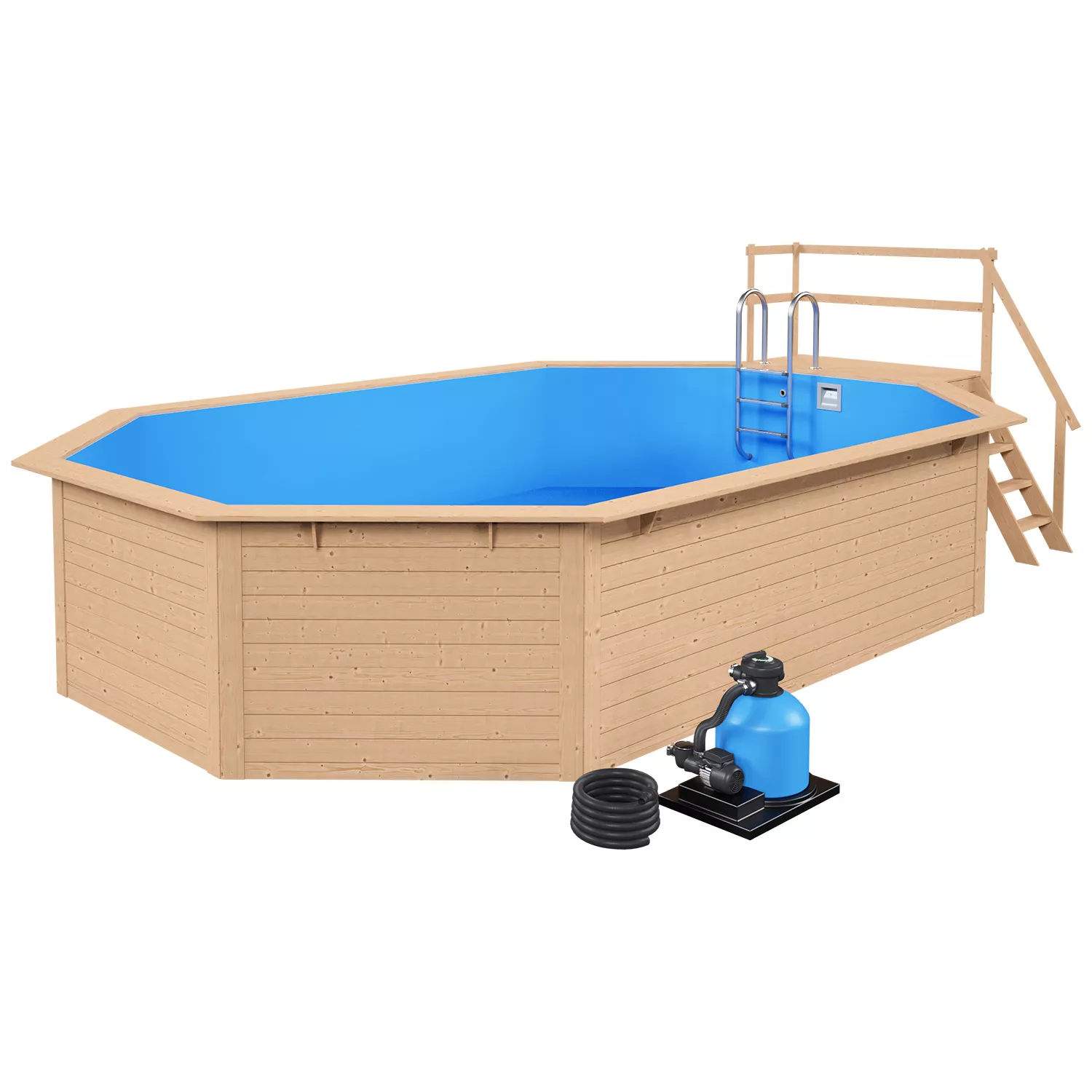 Achteckpool-Lang-Sonnendeck-andere-Ecke-blau Holzpool Komplettset Oval Blau mit Sonnendeck
