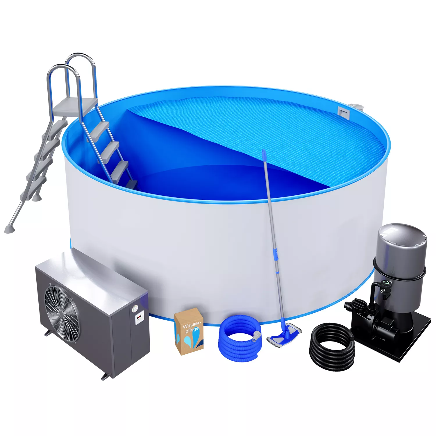 Stahlwandpool Komplettset Premium Rund Blau 0,8mm - D 3,50m, Tiefe 1,35m, Aufgestellt