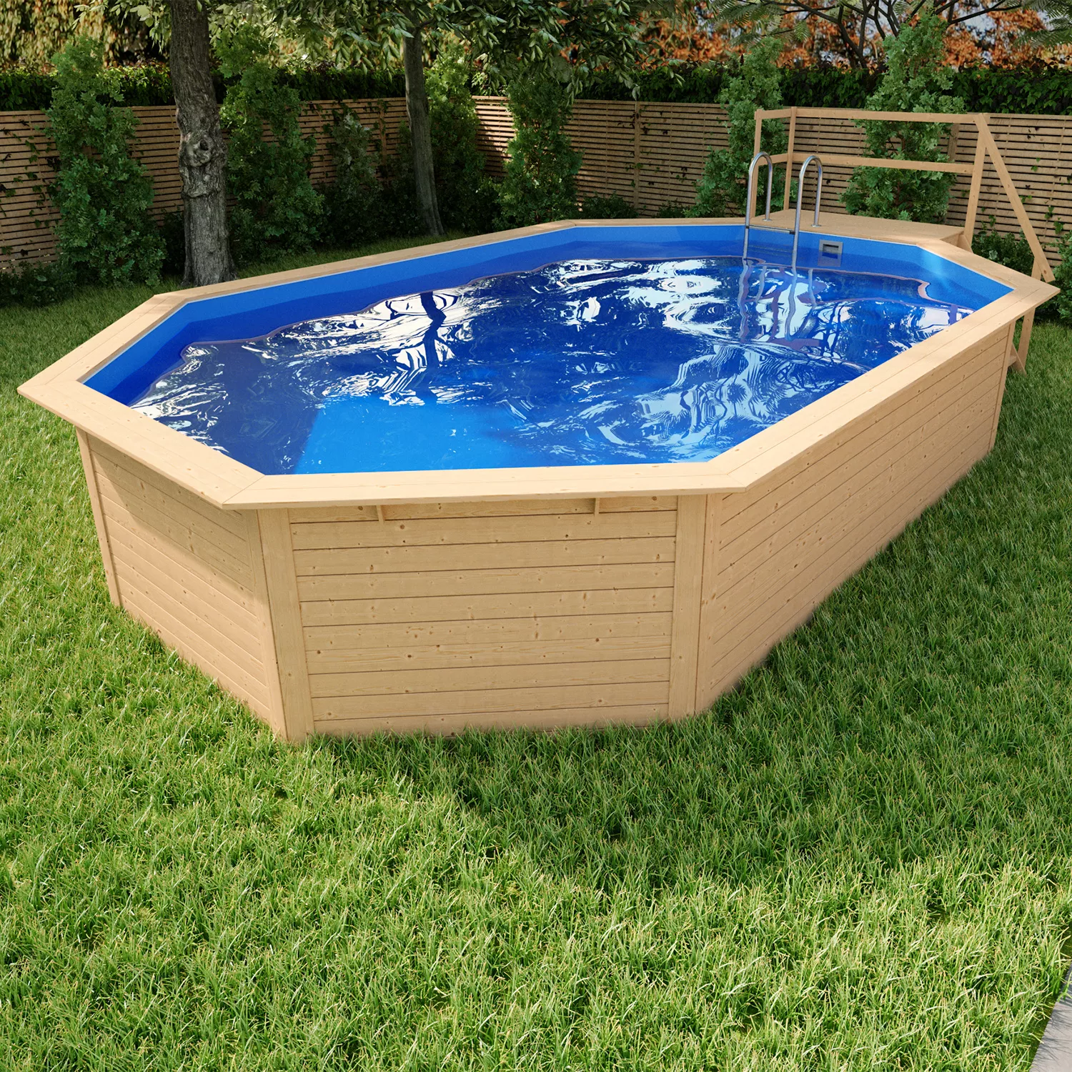 Achteckpool-Lang-Sonnendeck-andere-Ecke-Blau-001 Holzpool Komplettset Oval groß Blau mit stirnseitiger Terasse