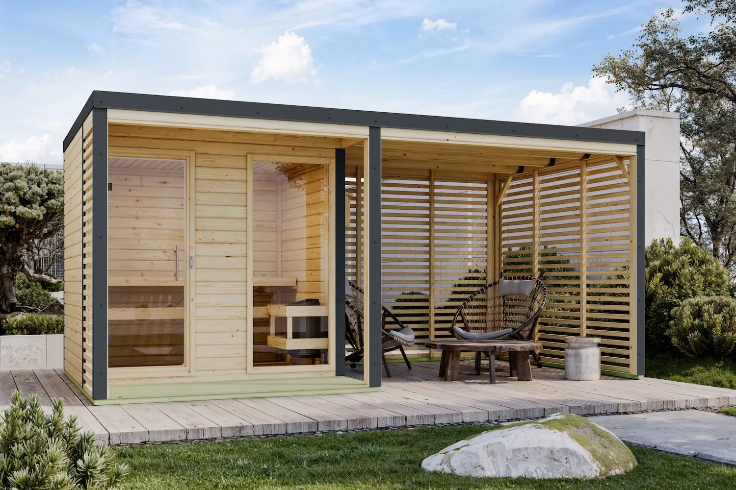 Karibu Saunahaus Taija 2 mit Anbaudach naturbelassen/ anthrazit mit 9 kW Bio-Kombi-Saunaofen und ext. Steuerung