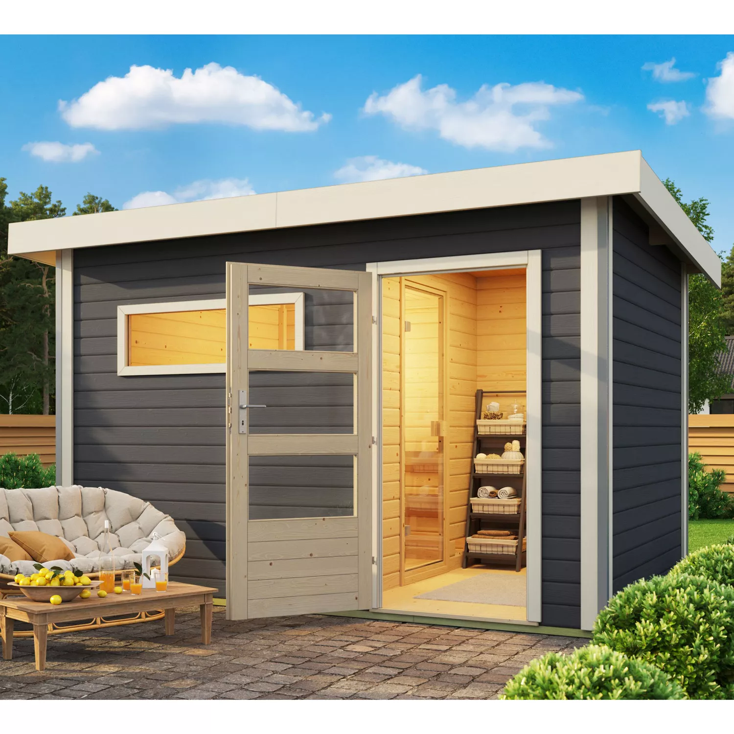 karibu_skrollan_2_bio_aussensauna_terragrau_1 Karibu Comfort Skrollan 2 Bio Außensauna terragrau