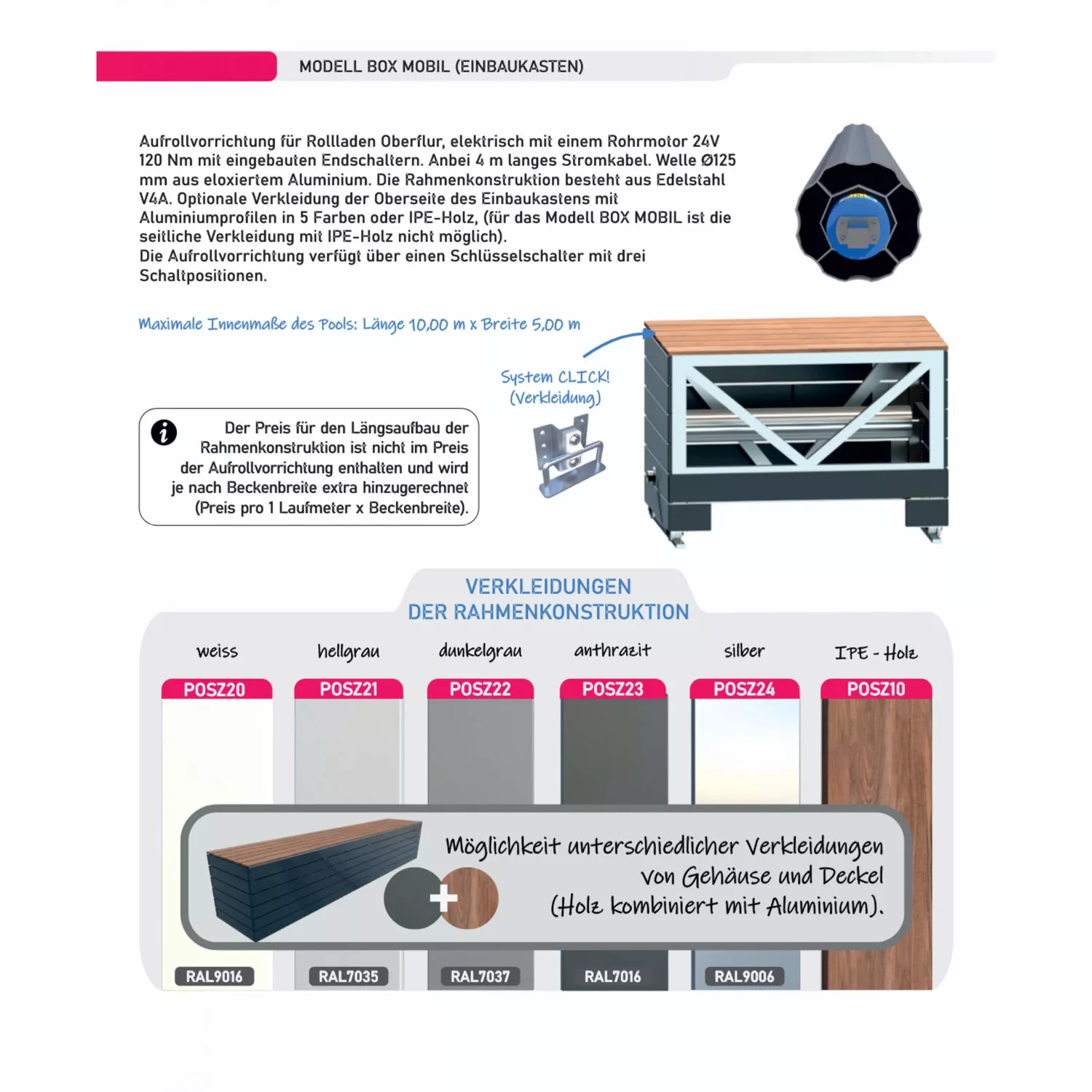 aufrollvorrichtung-oberflur-kasten Poolpowershop Aufrollvorrichtung für Poolrolladen - 3,00 m Breite, Silbergrau Aluminium